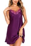 Vlazom Women Sexy Negligees Satin Silk Lace Trim V-Neck Nightdress Spaghetti Strap Chemises Full Slips Sleepwear E-Dark Purple,XXL