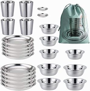 Stainless Steel Plates 、Bowls 、Cups and Spice Dish. Camping Set (24-Piece Set) 3.5inch to 8.6inch. Outdoor Use Incl. Travel Bag