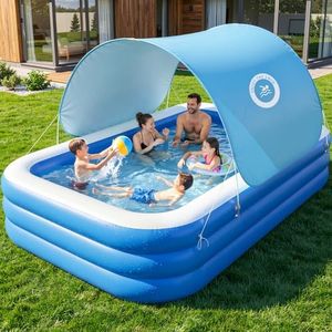 HeySplash Inflatable Pool with Canopy, Swimming Pool for Adults, Large Blow Up Pool Ideal for Family Backyard Garden Party, Outdoor Summer Fun, 118" x 69" x 24"(Blue)