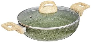 Amazon Basics Granite Finish Non Stick Induction Base Deep Kadai 24cm with Glass Lid - Granite Finish Olive Green