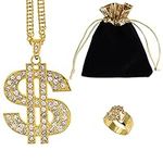 Hip Hop Costume Dollar Sign Necklace Ring Set,80s/90s Rapper Fake Gold Chain Costumes for Boys Girls Adult Men Women Dollar Medallion String Cord Birthday Party Favor, One Size