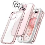 JETech 5 in 1 Case for iPhone 15 6.1-Inch with 2-Pack Each Tempered Glass Screen Protector and Camera Lens Protector, Non-Yellowing Shockproof Bumper Phone Cover (Pink)