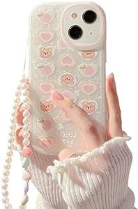 Ownest Compatible avec Coque iPhone 13 Couverture avec Glitter Perle Bracelet Chain Strap, Case Bijoux de Telephone Cute Ours Design Paillettes Pearl Femme Housse