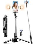 Selfie Stick Tripod with 2 Fill Lights Extra Long 115cm Phone Tripod with Detachable Remote, Cell Phone Holder for Travel, Vlogging, Live Streaming Video and Photos, Compatible with iPhone and Android