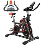 Jupgod Stationary Exercise Bike, Indoor Cycling Bike with Slient Flywheel, LCD Monitor, Comfortable Seat, Spin Bike for Home Gym Workout, Black Red