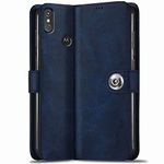 TheGiftKart Genuine Leather Finish Flip Back Cover Case for Motorola Moto One Power | Inbuilt Pockets & Stand | Wallet Style | Designer Button Magnet Flip Back Cover for Motorola One Power (Blue)