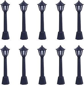 Dong Huang 10pcs Mini Miniature Street Light Model, Railway Train Solar Lamp Post Lamps, Outdoor Pathway Lantern Post for Dollhouse Decoration Micro Landscape Fairy Garden Lighting Accessories, Black