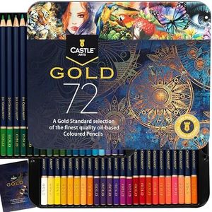 Castle Art Supplies Gold Standard 72 Colouring Pencils Set | Quality Oil-based Coloured Cores Stay Sharper, Tougher Against Breakage | For Adult Artists, Colourists | In Presentation Tin Box