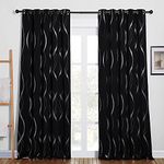 PONY DANCE Blackout Foil Curtains for Living Room - Door Curtains Thermal 90 drop, Silver Wave Line Foil Printed Decorative Bedroom Curtains for Kids, Black, 66 Inch Wide, 2 Panel Window Drapes