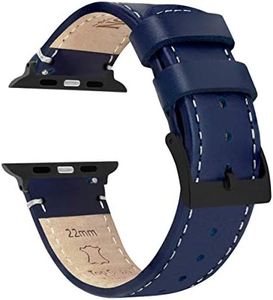 BARTON WATCH BANDS - Navy Blue Leather & White Stitching (Black Hardware) Top Grain Leather Watch Bands Compatible with Apple Watch Models - 1, 2, 3, 4, 5, 6, 7, 8, 9, 10, SE, Ultra & Ultra 2 - (38mm/40mm/41mm)