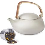 ZENS Vintage Japanese Teapot with Strainer, 800ml Matte Grey Ceramic Teapot with Infuser for Loose Leaf Tea Steeper, Wood Handle 2 Cup Tea Pots for Hot Tea Brewing, Tea Lvoer Gifts,