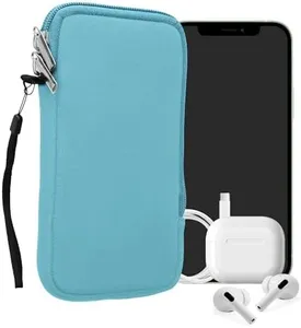 kwmobile Neoprene Phone Pouch Size XL - 6.7/6.8" - Universal Cell Sleeve Mobile Bag with Zipper, Wrist Strap - Light Blue