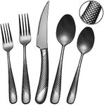 SHEUMNT 20 Piece Hammered Black Silverware Set, 18/10 Stainless Steel Flatware Set, Modern Golden Kitchen Utensil Set Service for 4, Tableware Set, Cutlery Set Including Fork Spoon and Knife