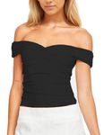 Margeriashp Women’s Crop Top Sexy Off Shoulder Ruched Slim Fit Y2K Going Out Summer T-Shirts Tops Black