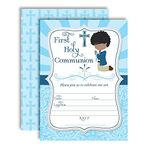 First Holy Communion Religious Party Invitations for Boys (Darker Skin, Black Hair), 20 5"x7" Fill in Cards with Twenty White Envelopes by AmandaCreation