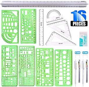 Glarks 16 Pieces Measuring Templates Building Formwork Stencils Geometric Drawing Rulers and Triangular Architect Scale Ruler with Pencil, Pencil Lead Refills, Eraser for Office and School