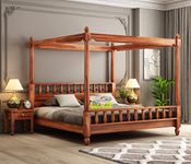 Furniseworlds Sheesham Wood King Size Poster Bed Wooden Double Bed Cot Bed Furniture for Bedroom Home and Hotel (Honey Finish)