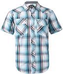 Men's Western Snap Casual Shirt Two Pocket Short Sleeve Shirt, Light Blue Plaid, Large