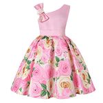 Flower Girl Dress Rose Floral Birthday Party Dresses Sleeveless Off-The-Shoulder with Beaded Bow Strap,Pink/6-7Y