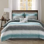 Madison Park Essentials King Comforter Set, Bed in a Bag King, Watercolor Print Coastal Comforter & Chambray Cotton Sheet Set, All Season Bedding Set, Saben, Aqua King (104 in x 92 in) 9 Piece