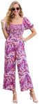 Love Welove Fashion Floral Jumpsuits for Women, casual Loose Romper Short Sleeve Smocked High Waist Wide Leg Pants Outfits