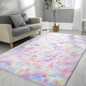 Shag Rugs Fluffy Area Rugs 4x5.2 Ft, Large Tie-Dyed Plush Fuzzy Rugs, Ultra Soft Modern Furry Rugs for Bedroom, Anti-Skid Indoor Carpets Nursery Rugs for Kids Room Home Decor (Rainbow, 120 * 160cm)