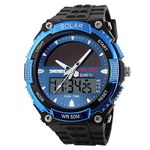 Fanmis Men's Solar Powered Casual Quartz Watch Digital & Analog Multifunctional Sports Watch Blue