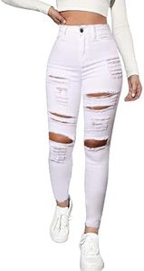 Cqinnifu High Waisted White Distressed Jeans for Women Stretch Butt Lifting Ripped Jean Skinny Jeggings for Women, White, Medium