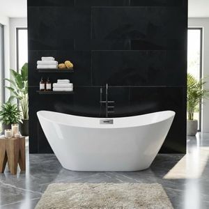 67'' Freestanding Bathtub, Acrylic, Deep Soaking Tub with Non-Slip Surface, Modern Free Standing Bath Tub, Chrome Drain, cUPC Certified, Easy Install, Space-Saving Bathtub for Bathrooms, White