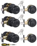 Lanwandeng 3 Sets All Keyed Alike Entry Door Knobs and Single Cylinder Deadbolt Lock Combo Set, Security for Entrance and Front Door with Classic Flat Ball Matte Black Finish