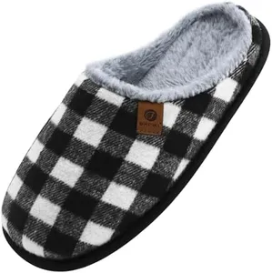 ONCAI Mens Knit Stripes Cozy Memory Foam Plush Scuff Slippers Slip On Warm House Shoes Indoor/Outdoor With Best Arch Surpport Plaidblack/white Size 8.5