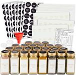 Talented Kitchen 24 Pack Glass Spice Jars with 284 Preprinted Label Stickers in 2 Styles, 4 oz Empty Square Seasoning Jars with Shaker Lids & Gold Metal Caps