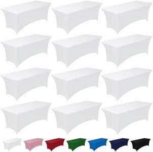 Pureegg Spandex Tablecloth 6ft - 12 Pack, Fitted and Tight Cloth for Rectangle Table, Wrinkle-Free and Stretch Table Cover for Party, Wedding, Banquet and Birthday, White