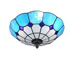 Skyweel 16 Inch Vintage Tiffany Style Ceiling Light Chandelier Pendent Light Stained Glass Flush Mount Ceiling Lighting Fixtures Lamps (40CM Blue A)