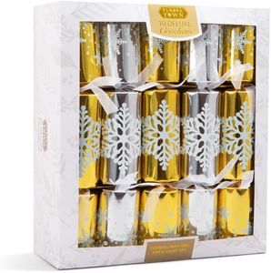 Deluxe Christmas Crackers with Unique Designs and Festive Surprises 10 x 14” | Harmless Holiday Party Essentials for Family Gatherings, Fun Presents, and Celebrations (GOLD AND SILVER SNOWFLAKE)