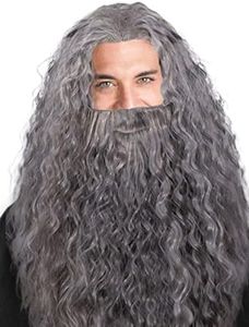 GEAGLE Long Grey Wig with Beard Men's Wizard Cosplay Wig - Fluffy, Curly, Old Man Style for Halloween or Christmas Parties