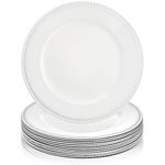 Okllen 12 Pack Plastic Round Charger Plates, 13" Dinner Chargers Decorative Plates with Beaded Rim, Embossed Charger Serving Plates for Wedding, Catering Event, Tabletop Decor, White