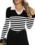 Zeagoo Womens Sweaters 2024 Fall Long Sleeve V Neck Ribbed Knit Tops Slim Fitted Casual Work Basic Shirts Black White Stripe M