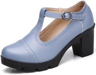 DADAWEN Women's Classic T-Strap Platform Mid-Heel Square Toe Oxfords Dress Shoes Grey US Size 7.5