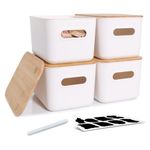 Citylife 4Pack 6.5L Storage Box with Wood Lid, Plastic Storage Boxes, Stackable Storage Box for Shelves, Kitchen Bathroom Toy Organiser, White, 25.7 x 17.7 x 15.5 cm