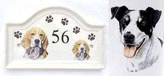 (BB34) House Door Number Plaque plate Ceramic BLACK & WHITE JACK RUSSELL Dog Breed Number Sign Any Number Available Hand Decorated in the U.K. Free UK Delivery Any breed- any house number- Dog House Door Plaque Porcelain Outdoor Plaques PAWPRINTS,
