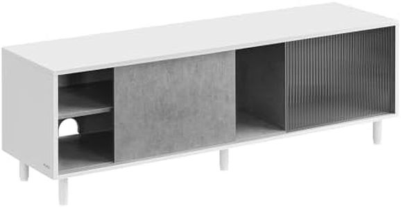 VASAGLE Montage Rapide sans Outils, Meuble TV pour TV Jusqu’à 60 Pouces, Meuble TV pour Salon, Banc TV, Verre Cannelé, Moderne, 140 x 39 x 45 cm, Blanc Nuage et Gris Béton LTV466W03