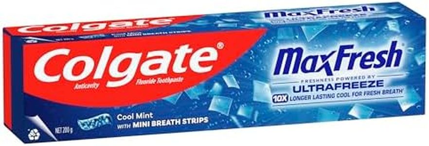 Colgate Max Fresh Toothpaste, Cool Mint with Mini Breath Strips, 10x Longer Cooling, Long Lasting Fresh Breath, Fluoride Toothpaste, Fights Cavities, Daily Use, 200g