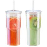 Luiaiog Glass Cups with Lids and Glass Straws 2 Pcs, 20 OZ Cups Glass Coffee Tumbler Bubble Tea Glass Tumbler Iced Coffee Water Smoothie Cup