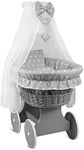 BABYMAM Wicker Wheel Stand Moses Basket Baby Bassinet Crib with Full Cotton Bedding Sets Liner Cover Mattress Canopy - Grey/Small White Stars On Grey