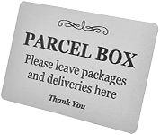 Parcel Box (Mail Box) Sign - Manufactured from Aluminium Metal with adhesive. Notice for deliveries, package delivery boxes for outside. Make sure you don’t lose any mail again (Silver) - Small size,