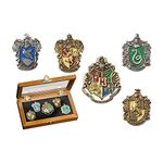 Hogwarts House Pins by The Noble Collection - Set of 5 Metal, Hand-Enamelled House Pin Badges Supplied in a Wooden Display Case - Officially Licensed Harry Potter Movie Collectable