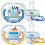 Philips Avent Ultra Air Pacifier, for 0-6m, Orthodontic & BPA-Free, 2 pcs, Including Sterilizer/Carrying Case, SCF080/01 Light Green/Dark Blue and Light Blue/Orange