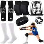 6 Pcs Volleyball Knee Pads Volleyball Accessories Set Volleyball Arm Sleeves with Thumbhole Sport Hair Scrunchies Sweat Band Volleyball Socks Drawstring Bag for Women Teen Girls Youth (Medium, Black)