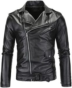 DGHM-JLMY Men's Slim Motorcycle Pu Washed Jacket PU Leather Jacket Causal Belted Asymmetric Zip Faux Leather Biker Jacket, Black